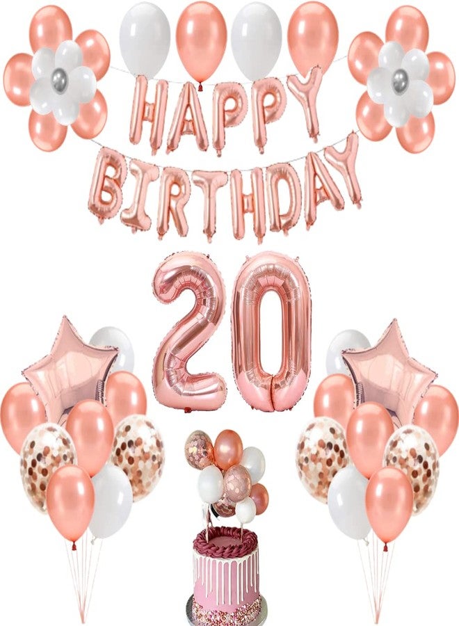 FI - FLICK IN 52 pcs 20th Birthday Decorations for Girls with Balloon Cake Topper 20th Birthday Decorations Set for Adults Number Foil 20 Confetti Balloons (Pack of 52,Rose Gold) - Image 1